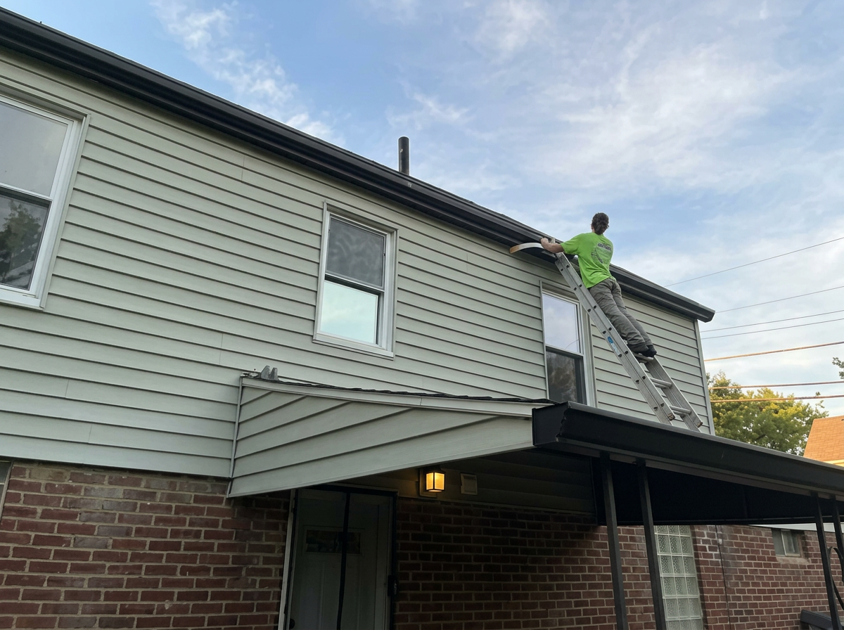 Premier Rain Solutions technician installing gutters from a ladder